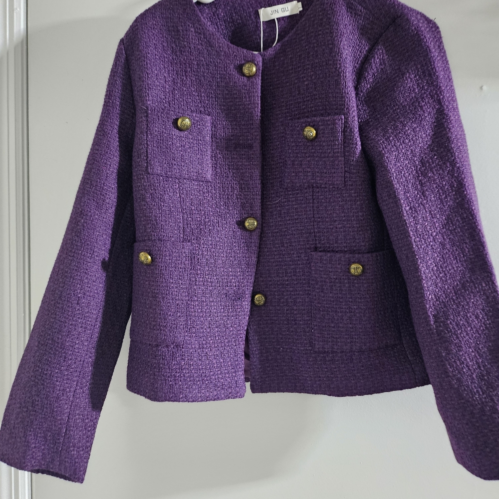 Purple Textured Blazer with Gold Buttons